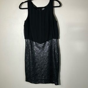 Vince Camuto dress black metallic sequins midi sheath pleats round neck